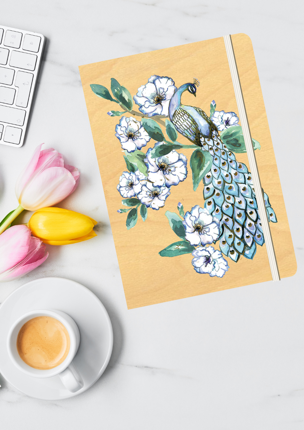 A5 Wood Cover Journal (Blank) - Peacock Garden