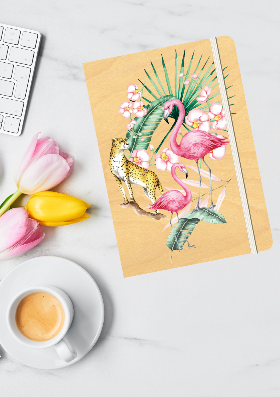 A5 Wood Cover Journal (Blank) - Flamingo Jungle