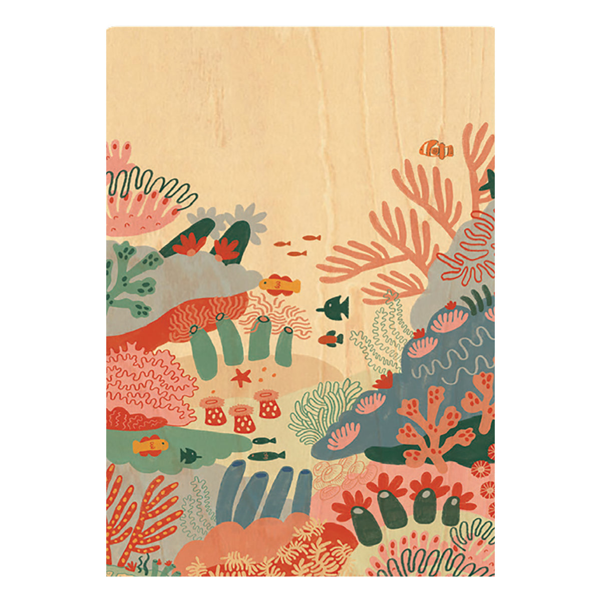 Wood Art Print A4 - Colourful Corals