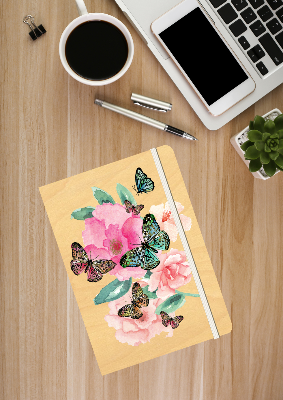 B6 Wood Cover Notebook (Lined) - Butterfly Garden