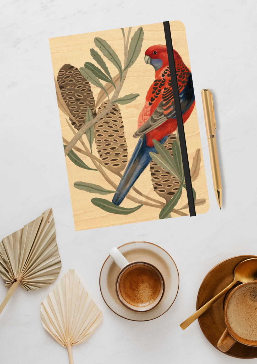 A5 Wood Cover Journal (Blank) - Rosella with Banksia