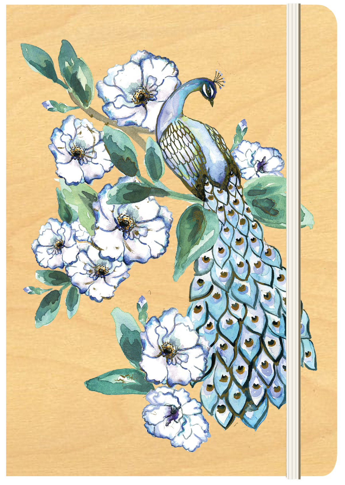 A5 Wood Cover Journal (Blank) - Peacock Garden