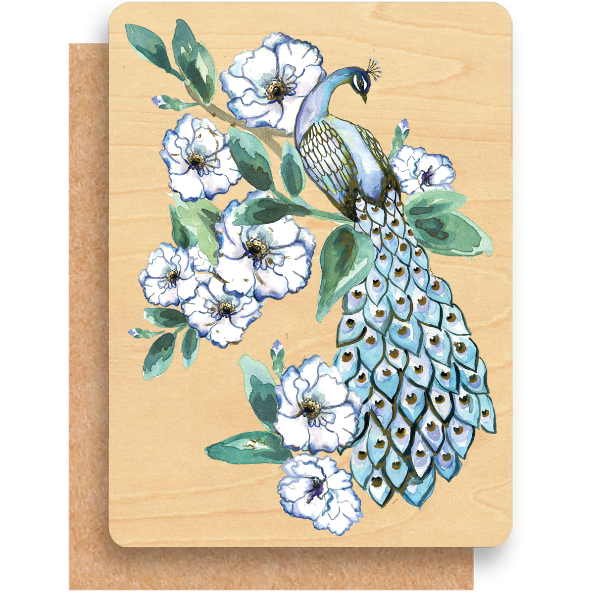 Wood Greeting Card - Peacock Garden