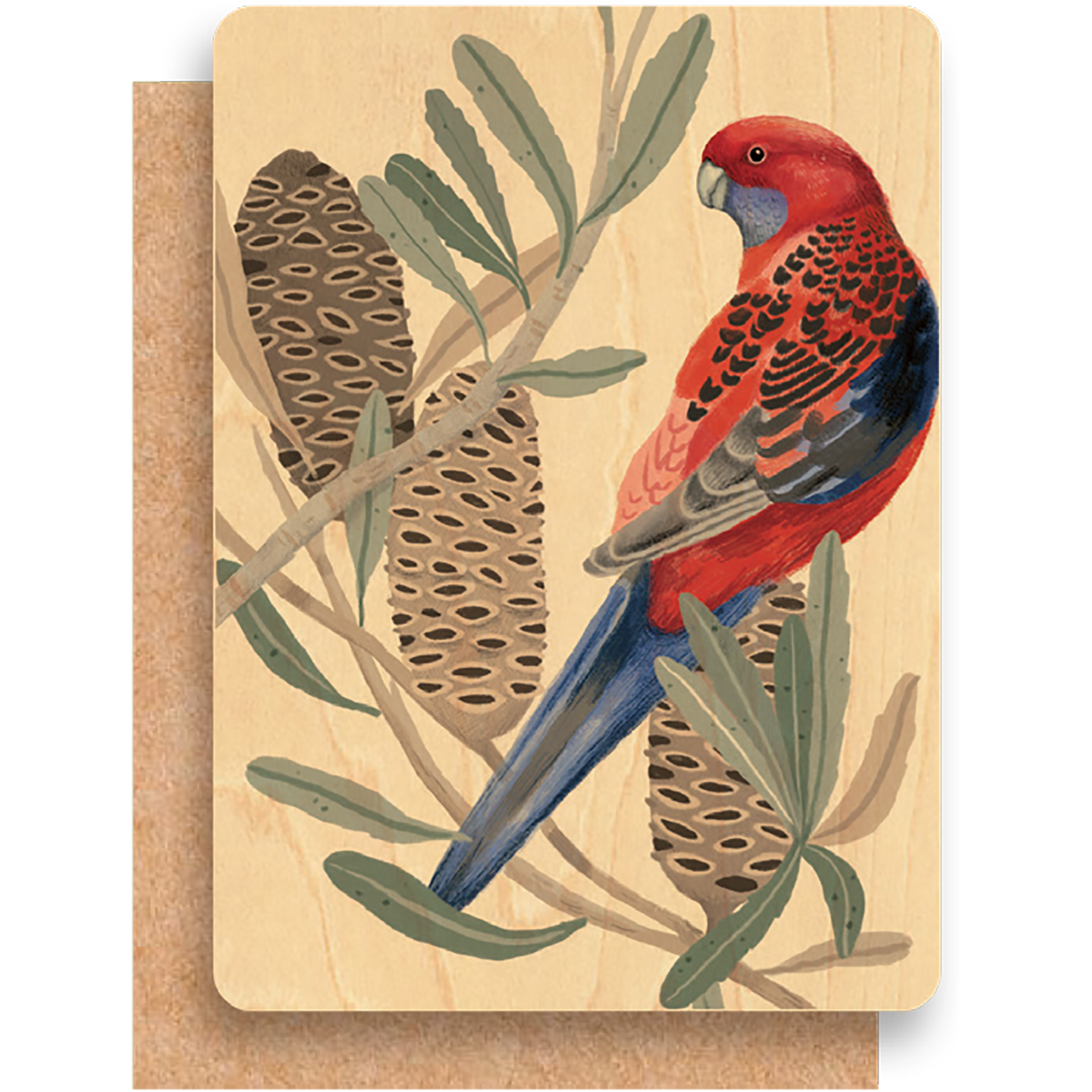 Wood Greeting Card - Rosella with Banksia