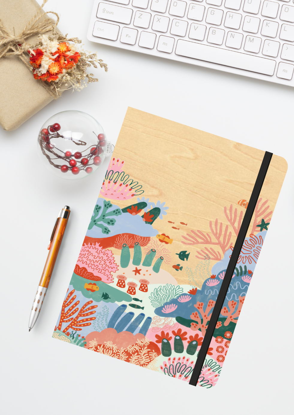 A5 Wood Cover Journal (Blank) - Colourful Corals
