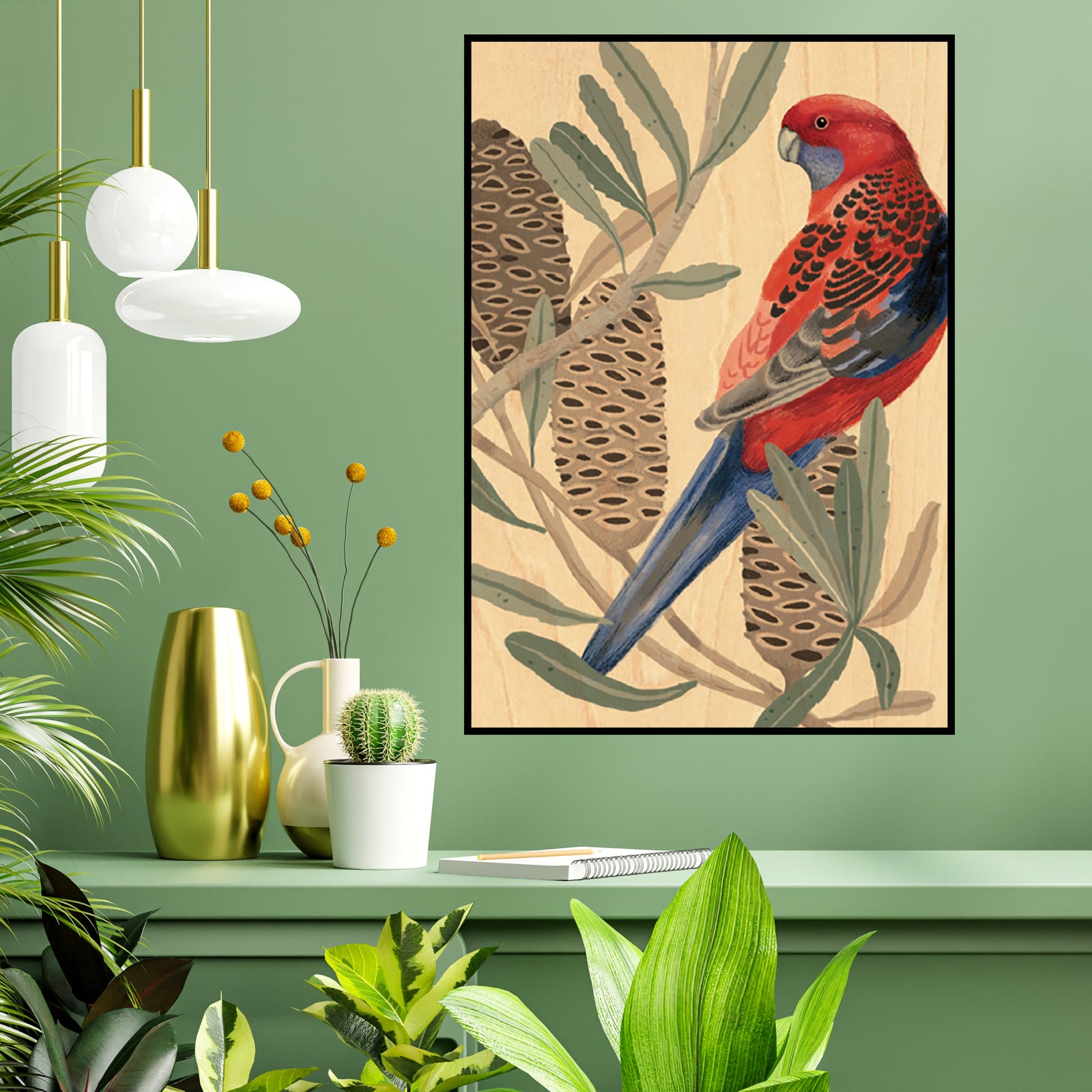 Wood Art Print A3 - Rosella with Banksia