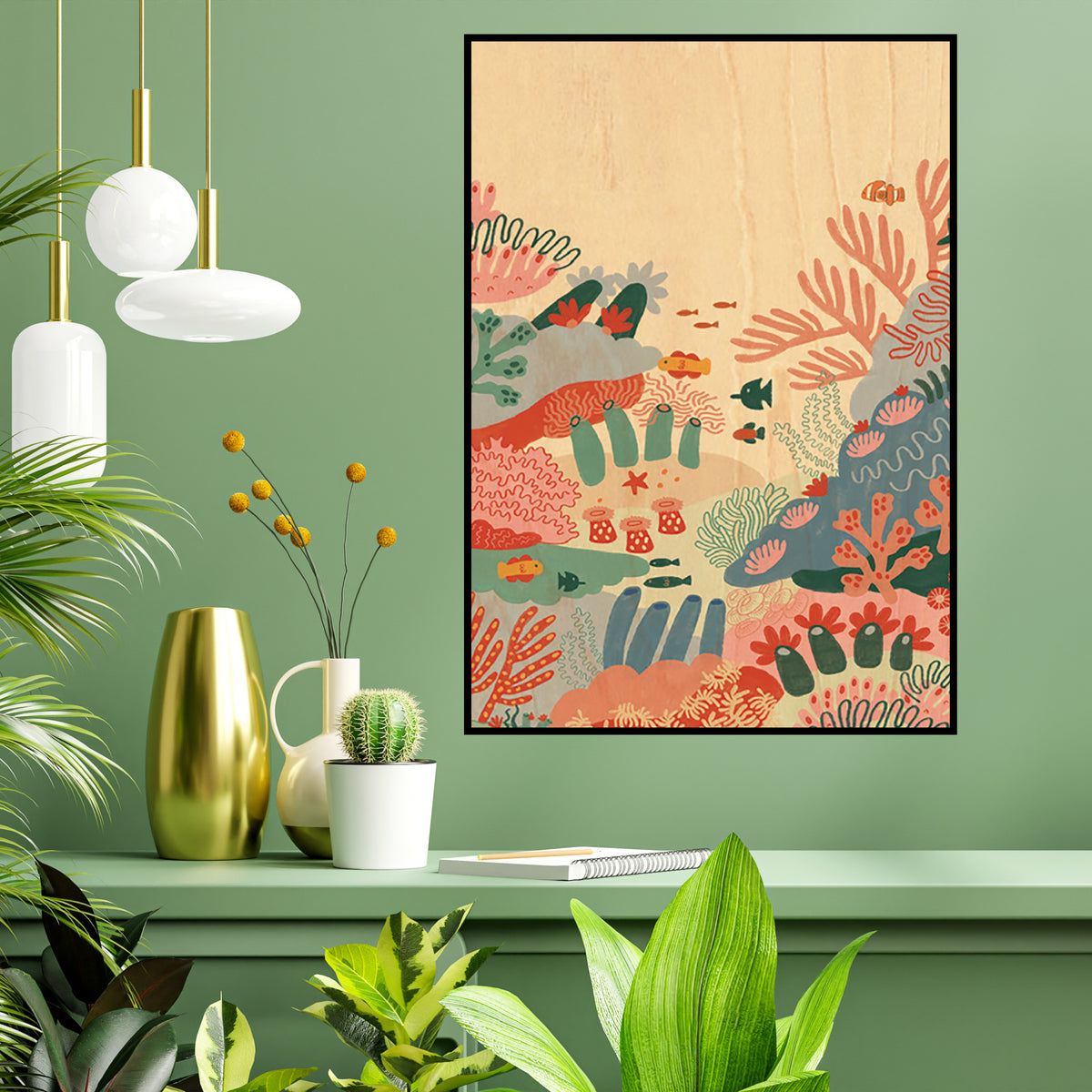 Wood Art Print A3 - Colourful Corals