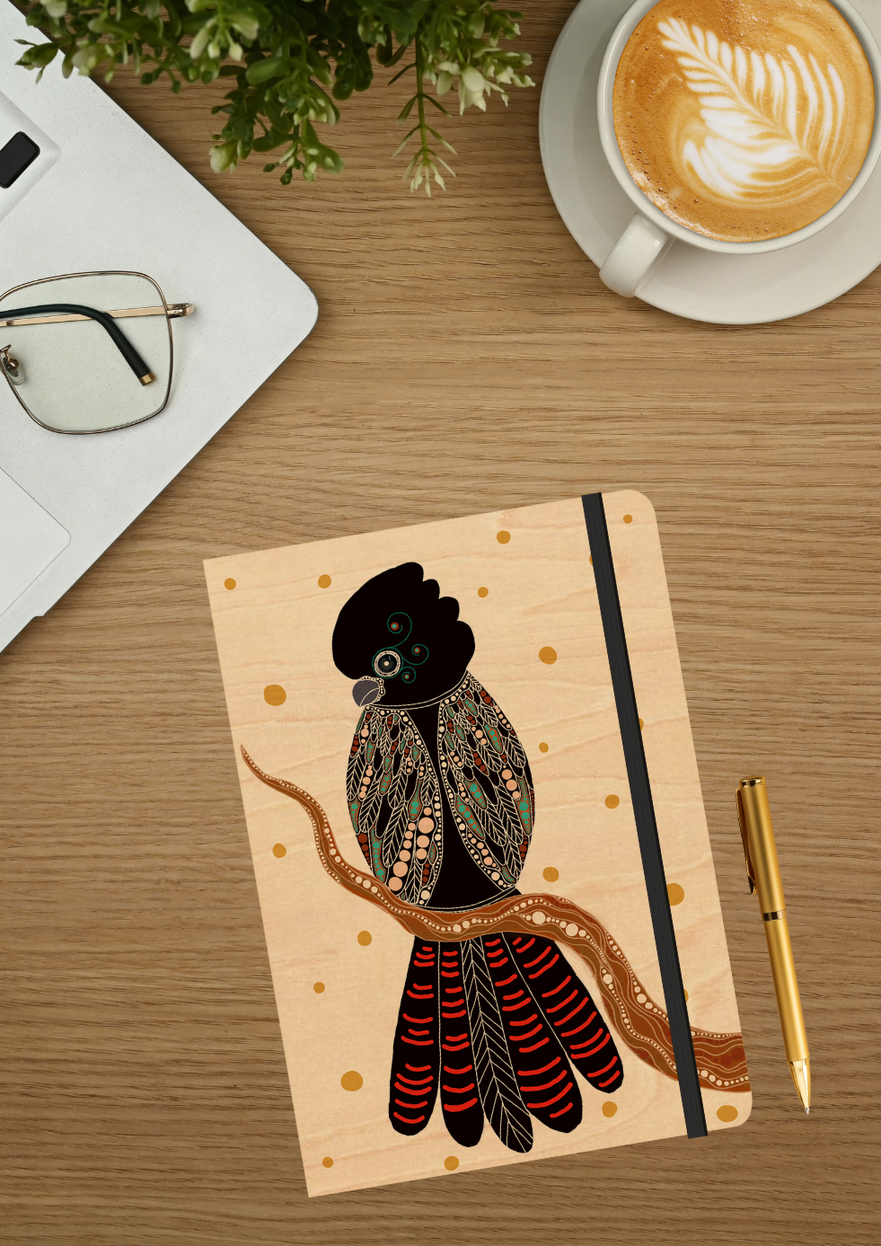 B6 Wood Cover Notebook (Lined) - Gidila (Red Tailed Black Cockatoo)
