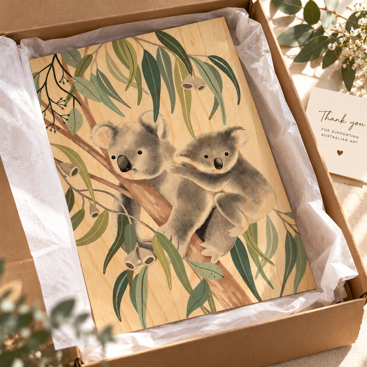 Wood Art Print - Koala Cuddles
