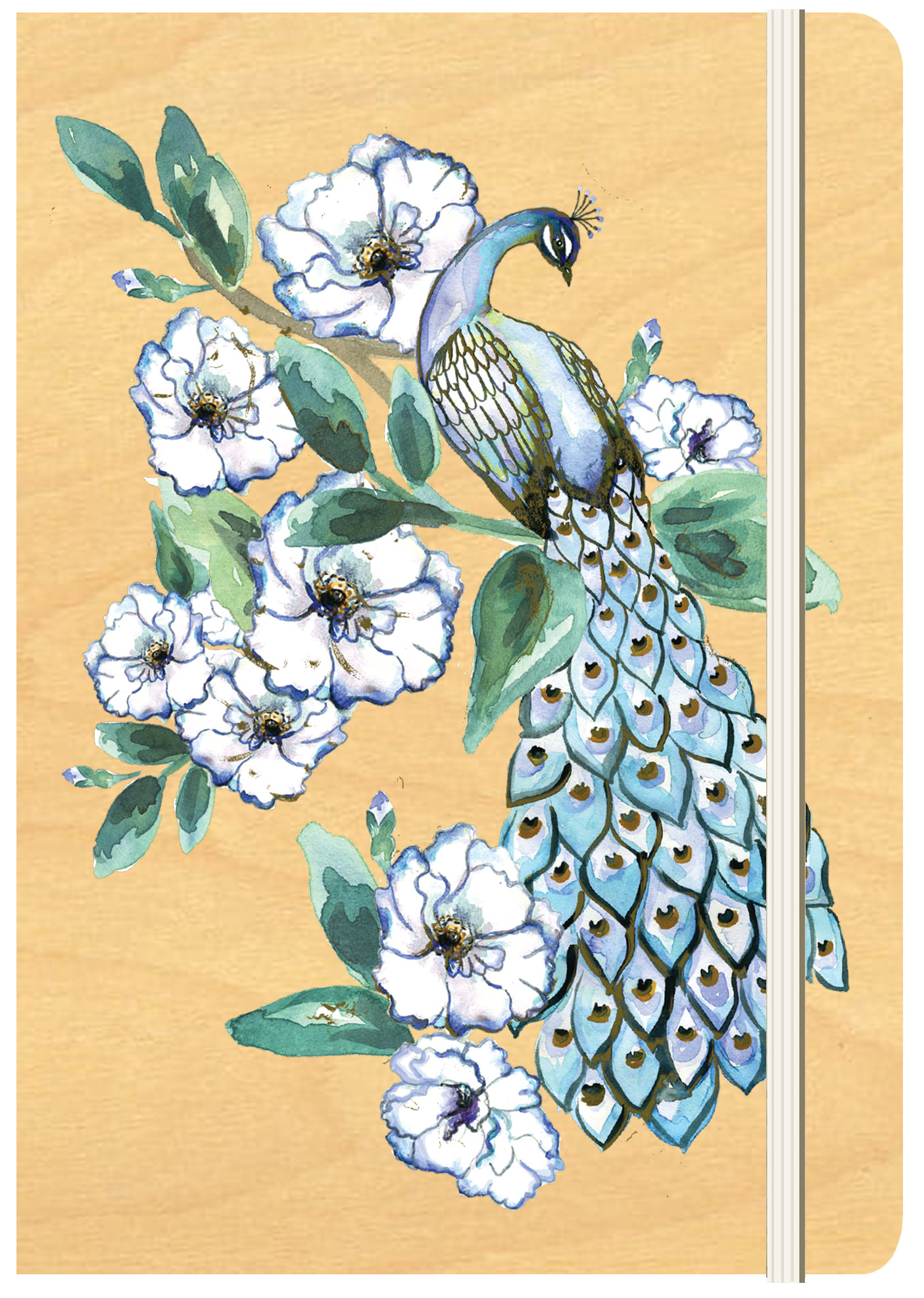 A5 Wood Cover Journal (Blank) - Peacock Garden