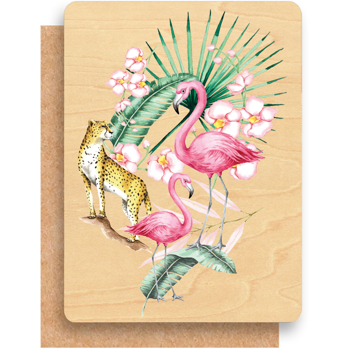 Wood Greeting Card - Flamingo Jungle
