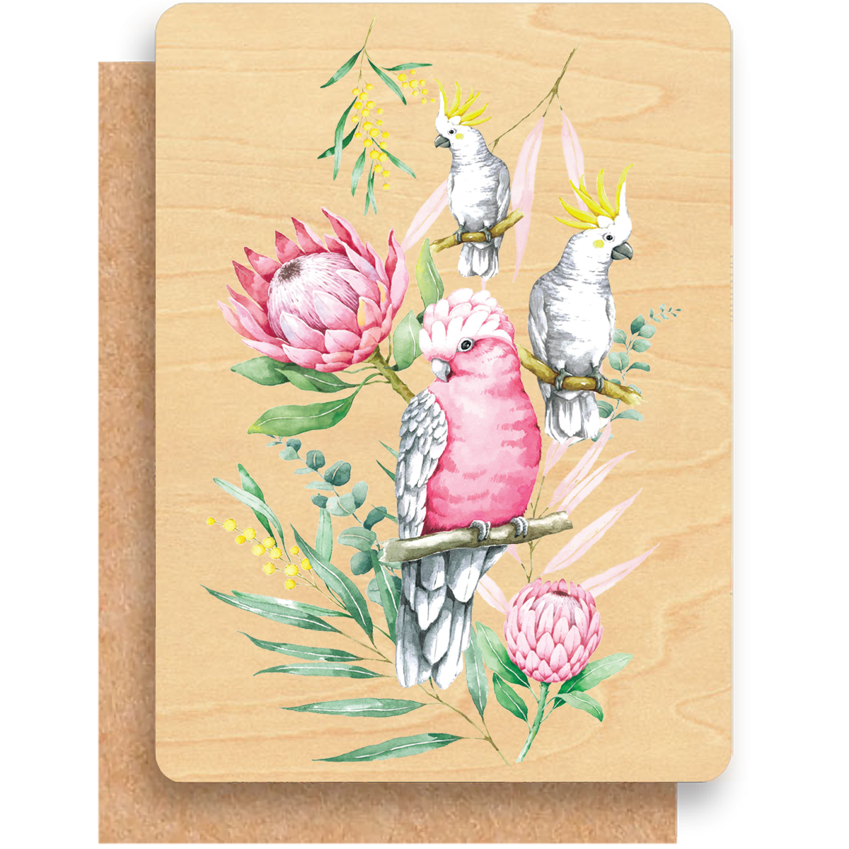 Wood Greeting Card - Parrots & Proteas