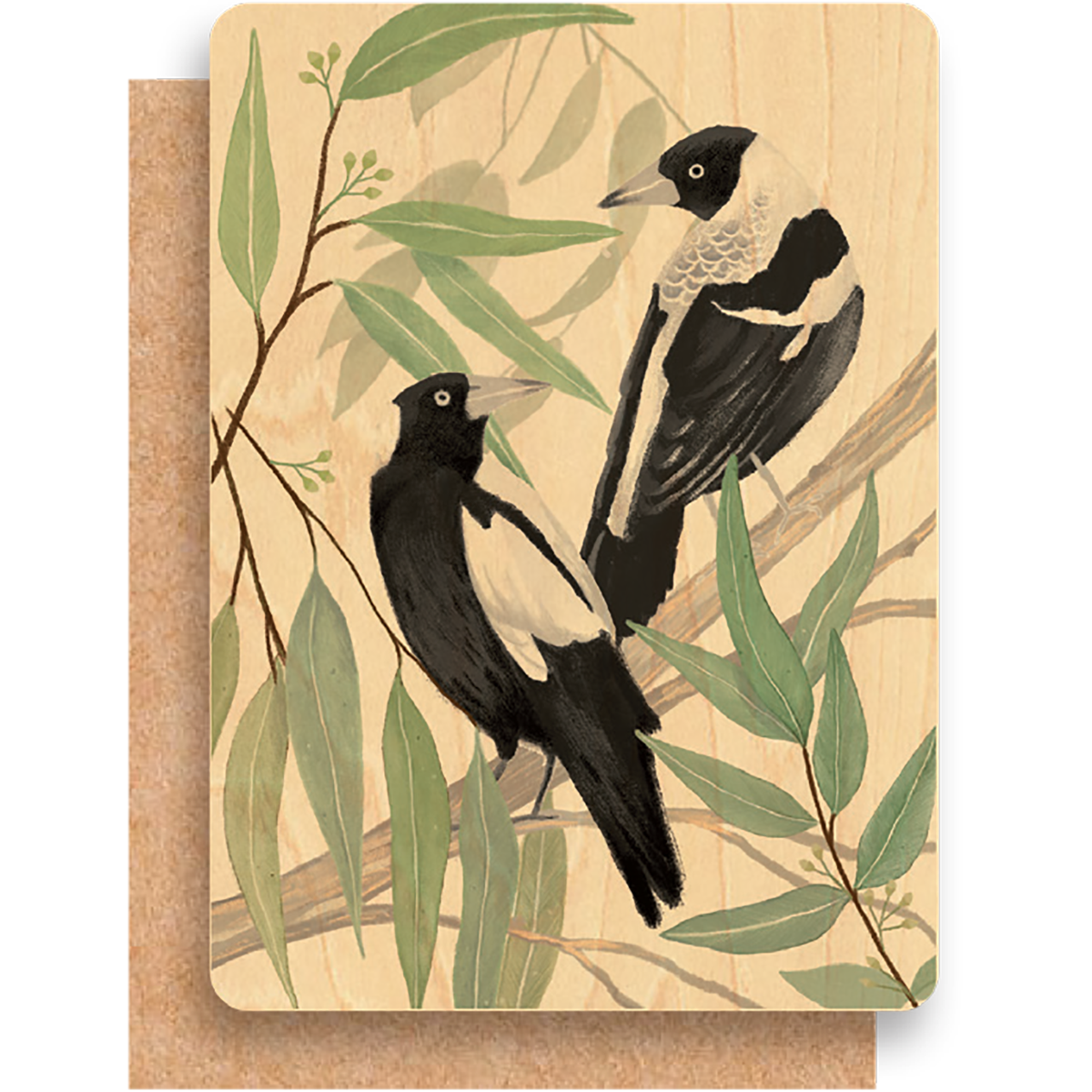 Wood Greeting Card - Magpies Warbling