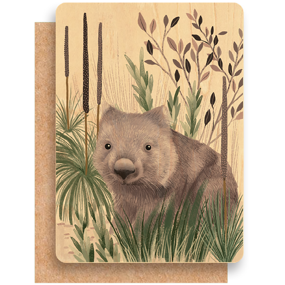 Wood Greeting Card - Wombat Wandering