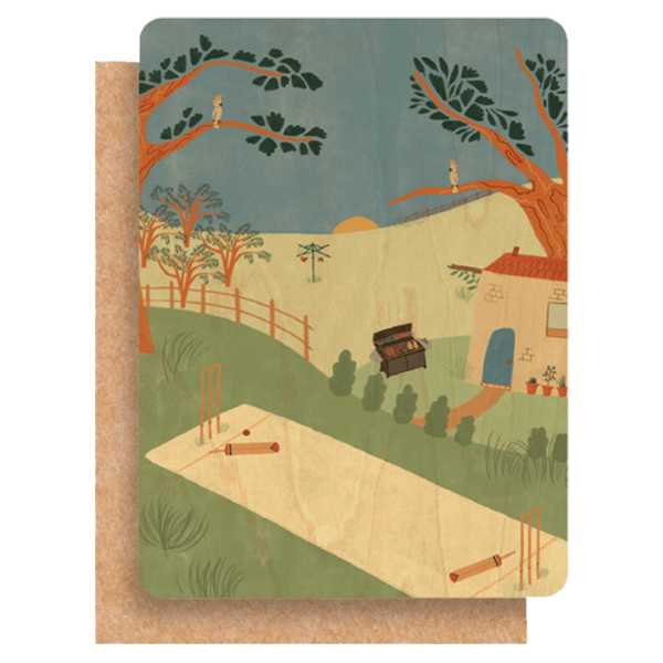 Wood Greeting Card - Backyard Cricket